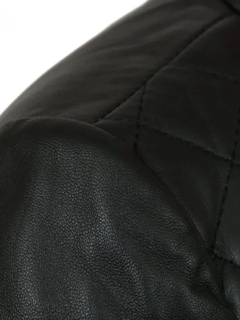 Collarless Black Quilted Leather Jacket