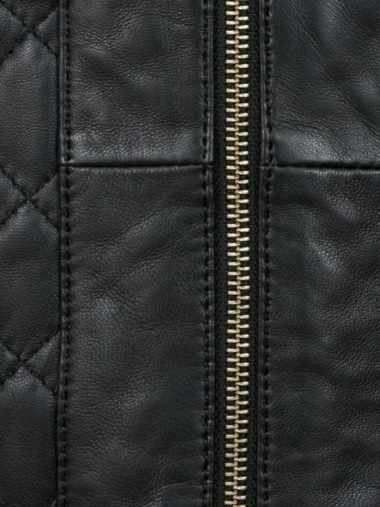 Collarless Black Quilted Leather Jacket