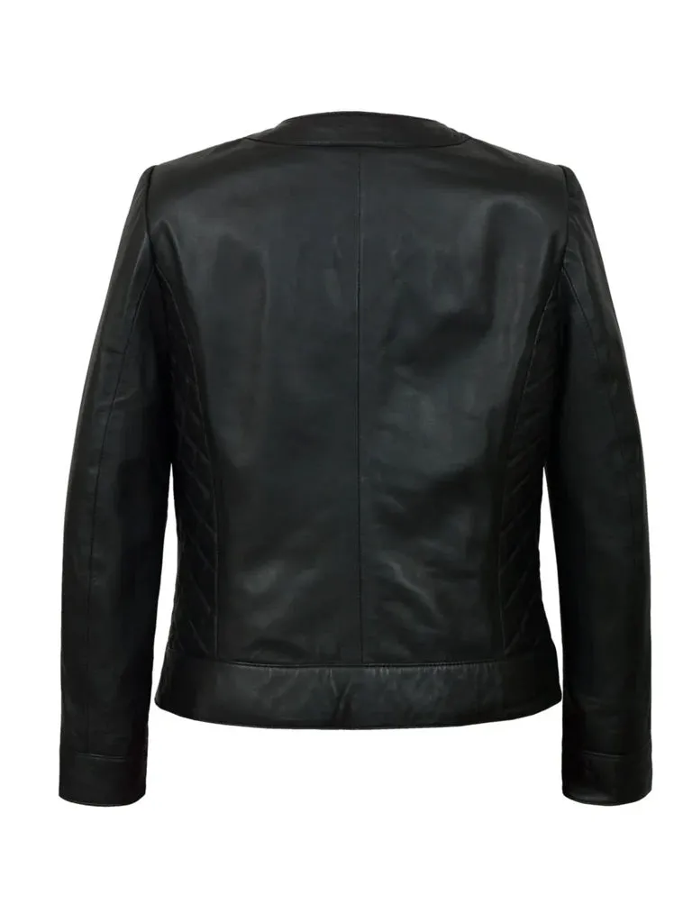 Collarless Black Quilted Leather Jacket