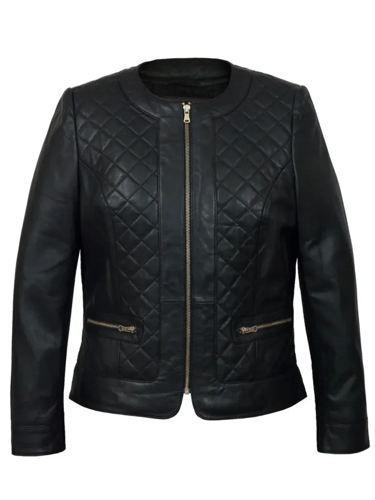 Collarless Black Quilted Leather Jacket