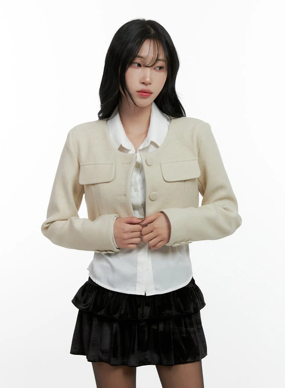 Collarless Button-Up Cropped Jacket CN407