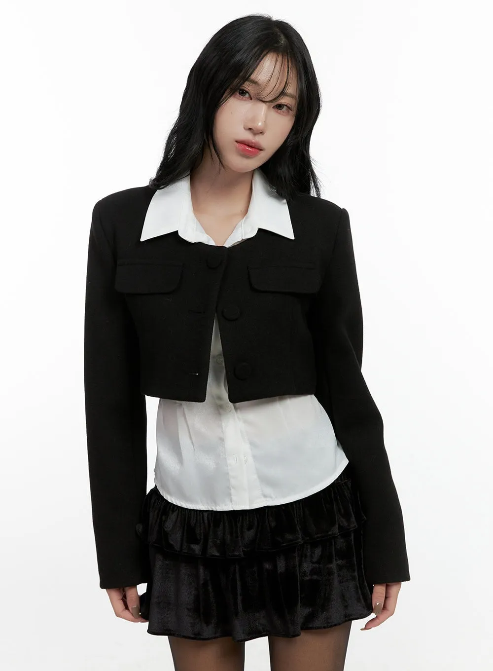 Collarless Button-Up Cropped Jacket CN407