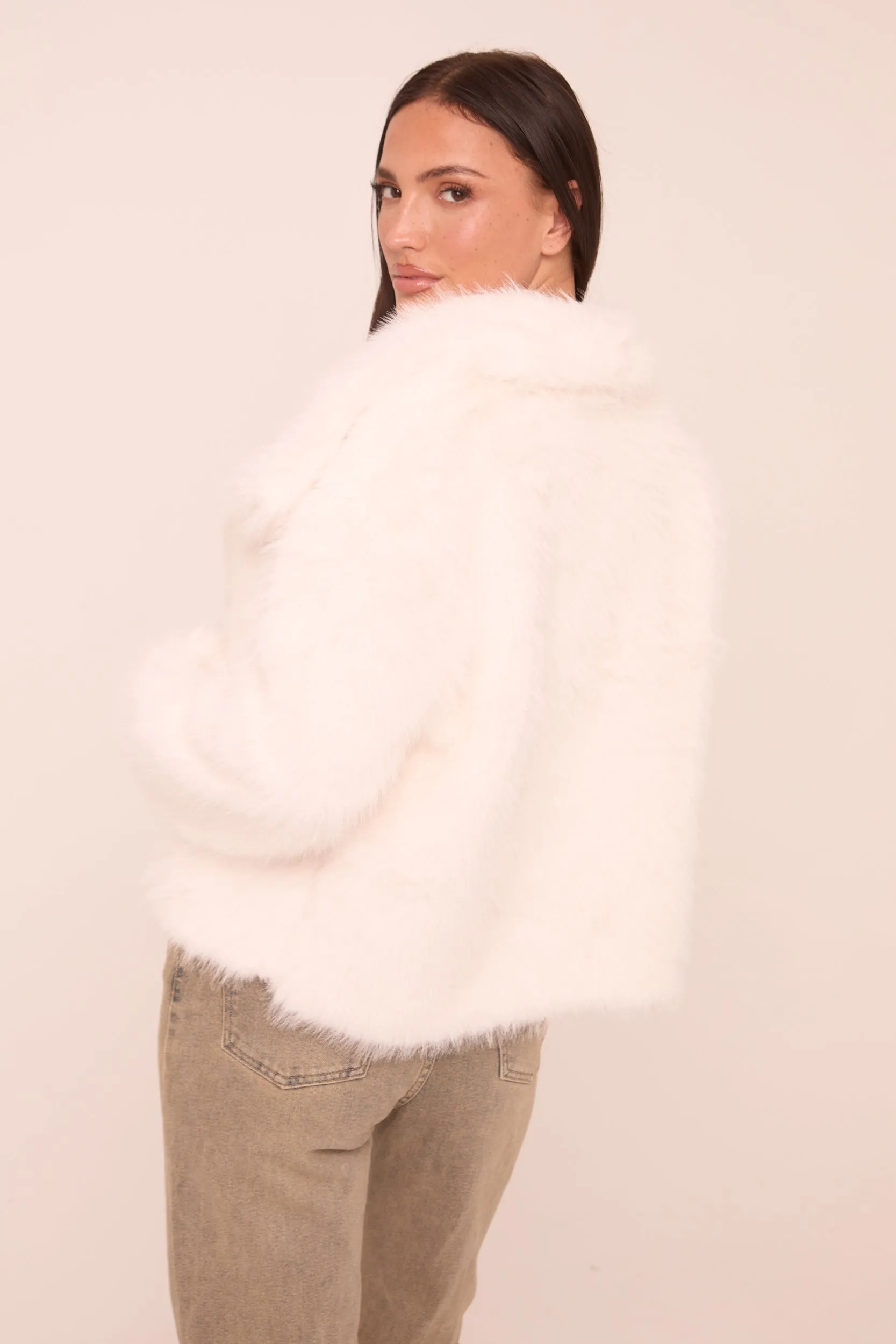 Cream Faux Fur Waterfall Long Sleeves Cropped Jacket - Avery