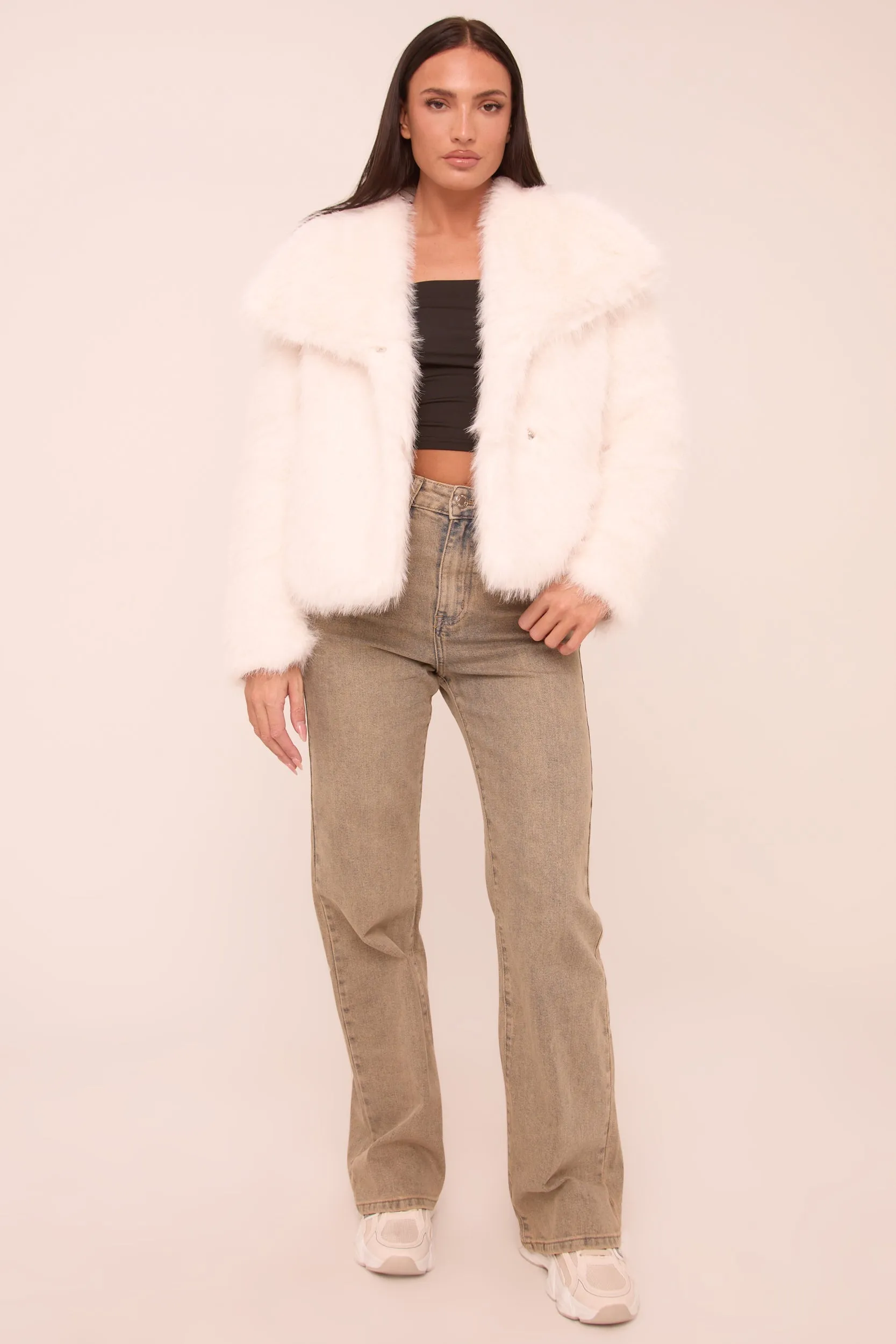 Cream Faux Fur Waterfall Long Sleeves Cropped Jacket - Avery