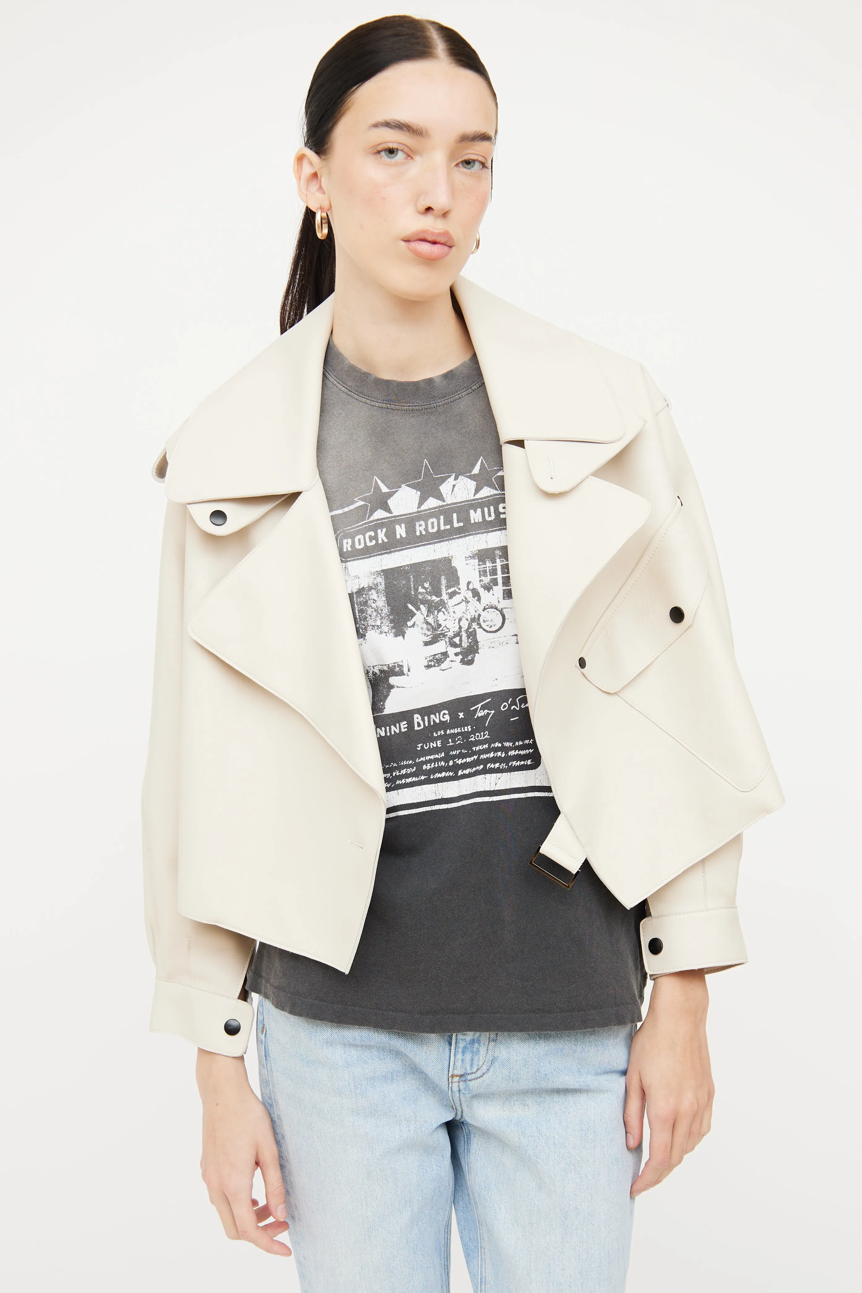 Cream Leather Cropped Biker Jacket