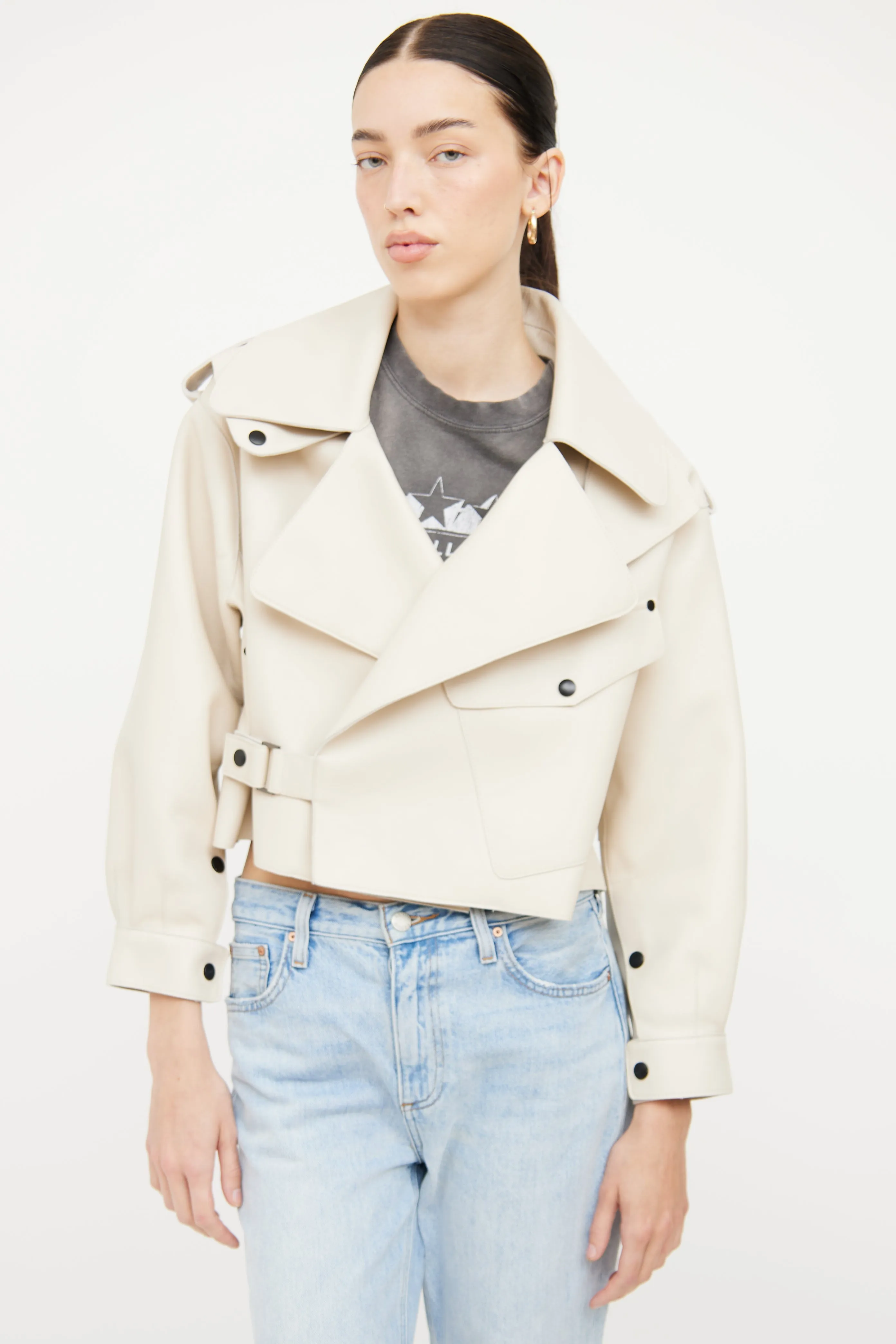 Cream Leather Cropped Biker Jacket