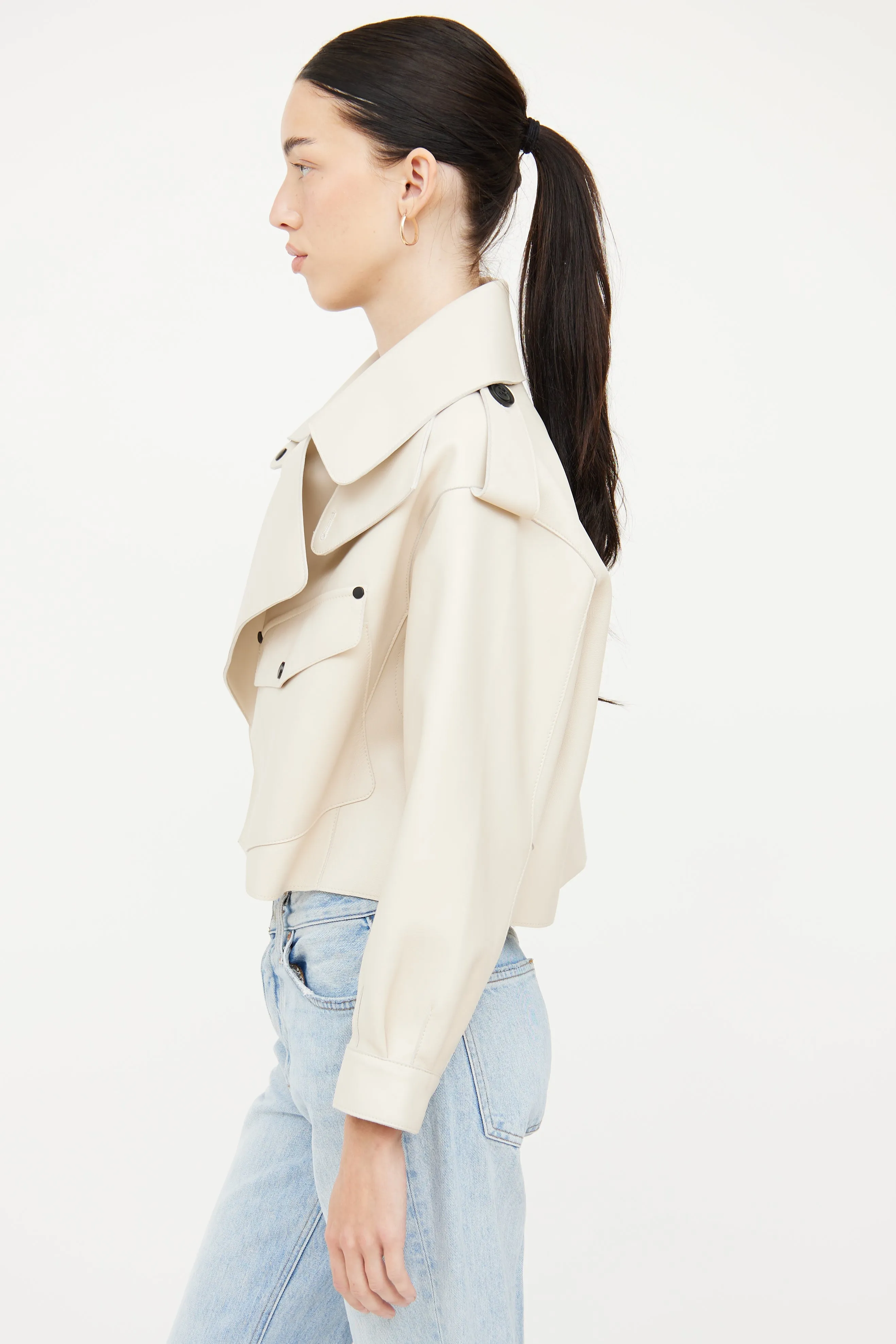 Cream Leather Cropped Biker Jacket