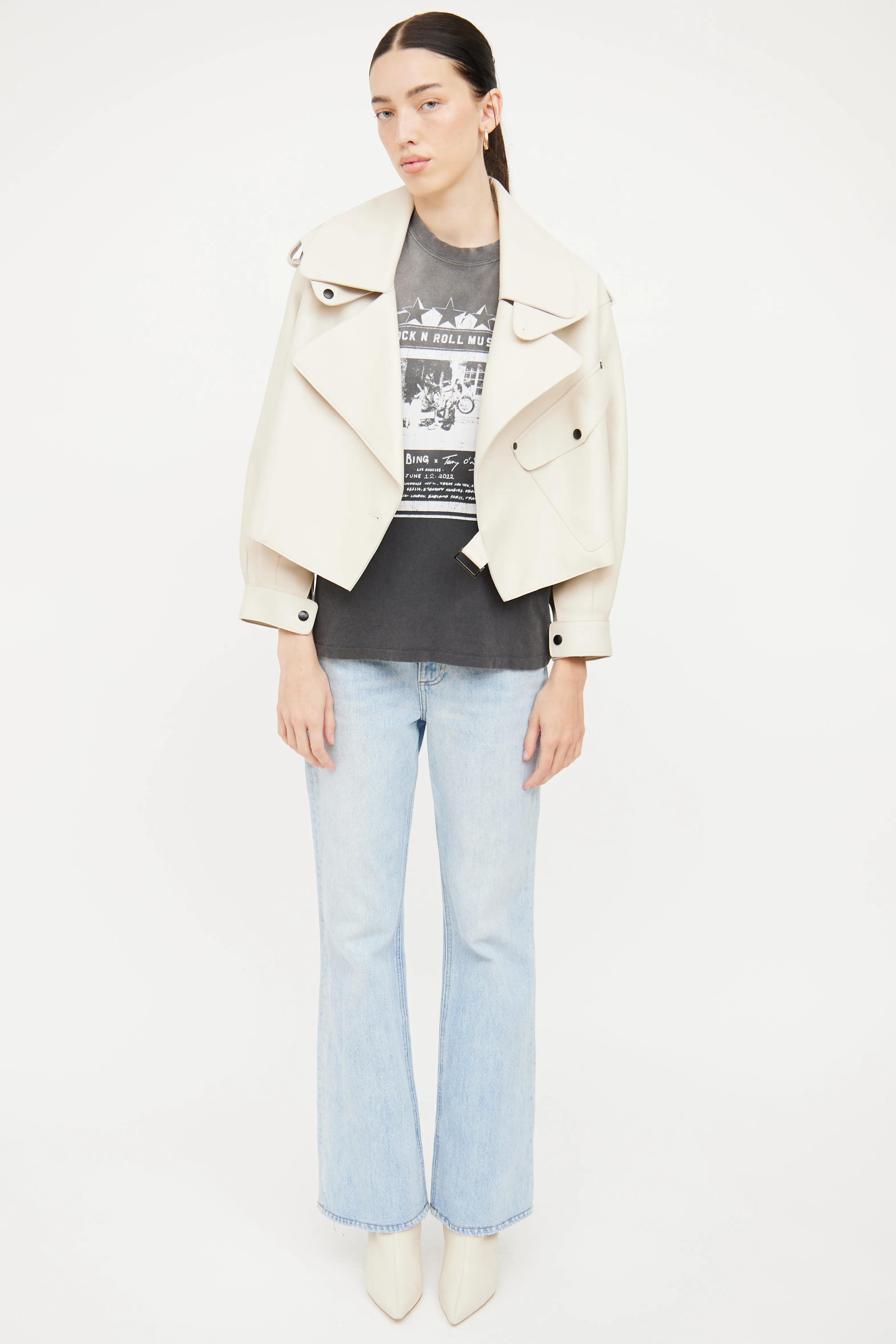 Cream Leather Cropped Biker Jacket