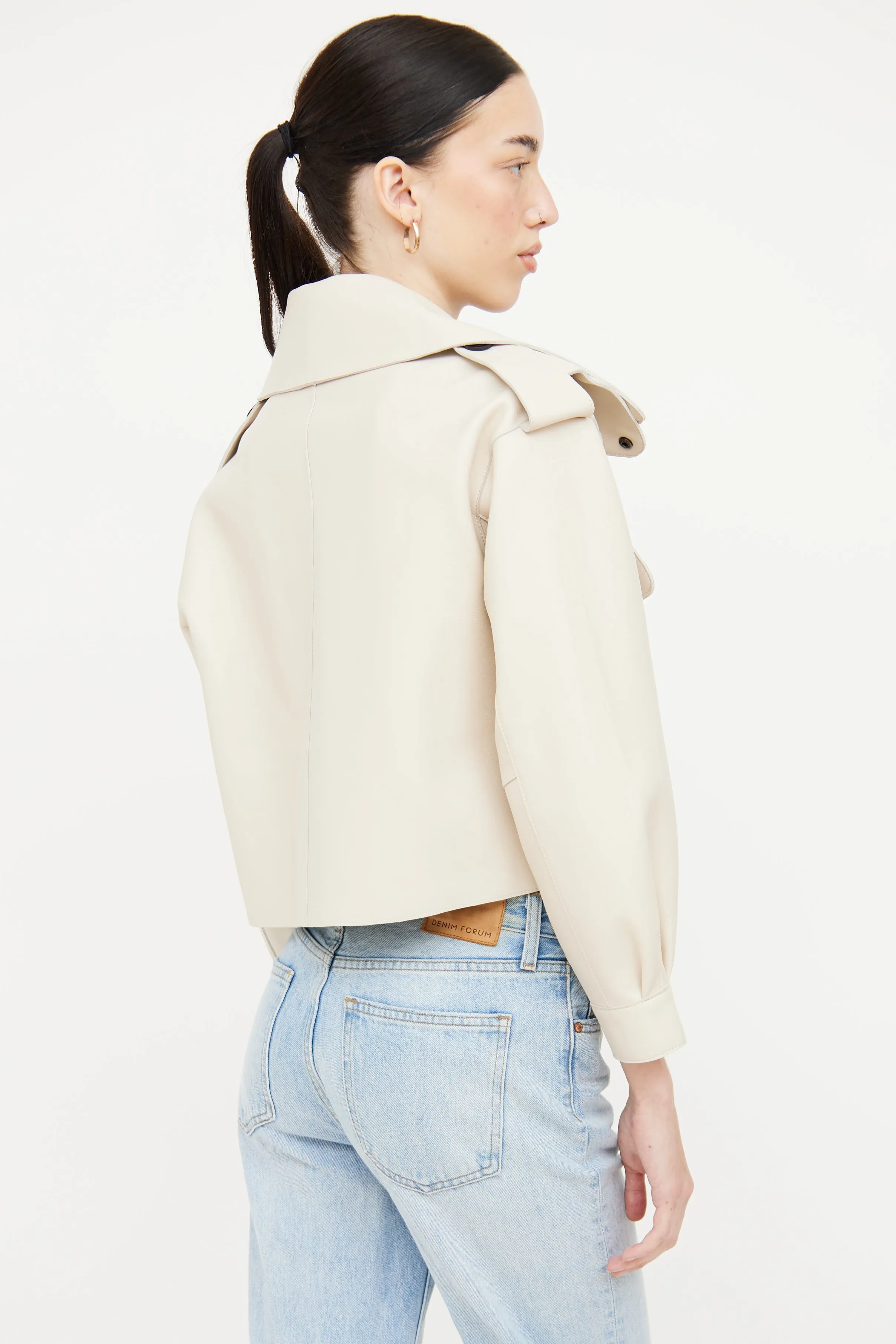 Cream Leather Cropped Biker Jacket