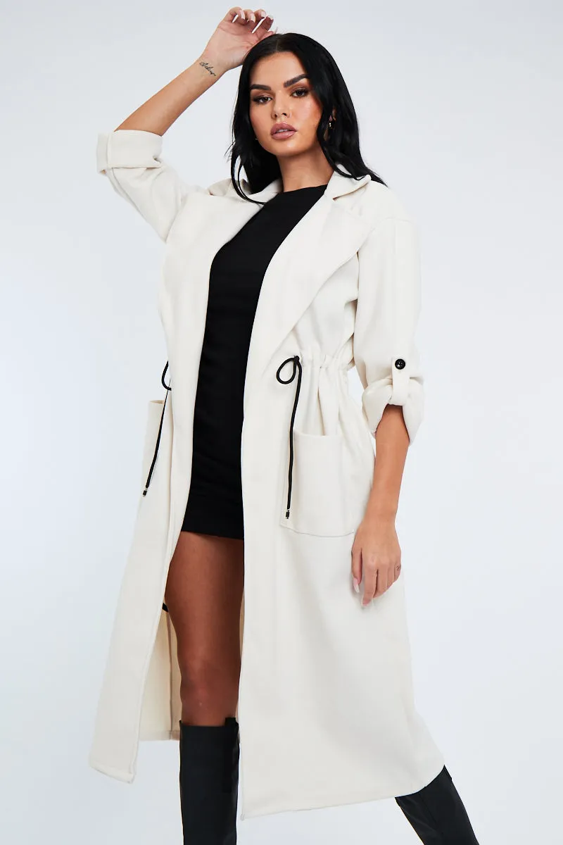 Cream Relaxed Tie Waist Trench Coat - Mayva