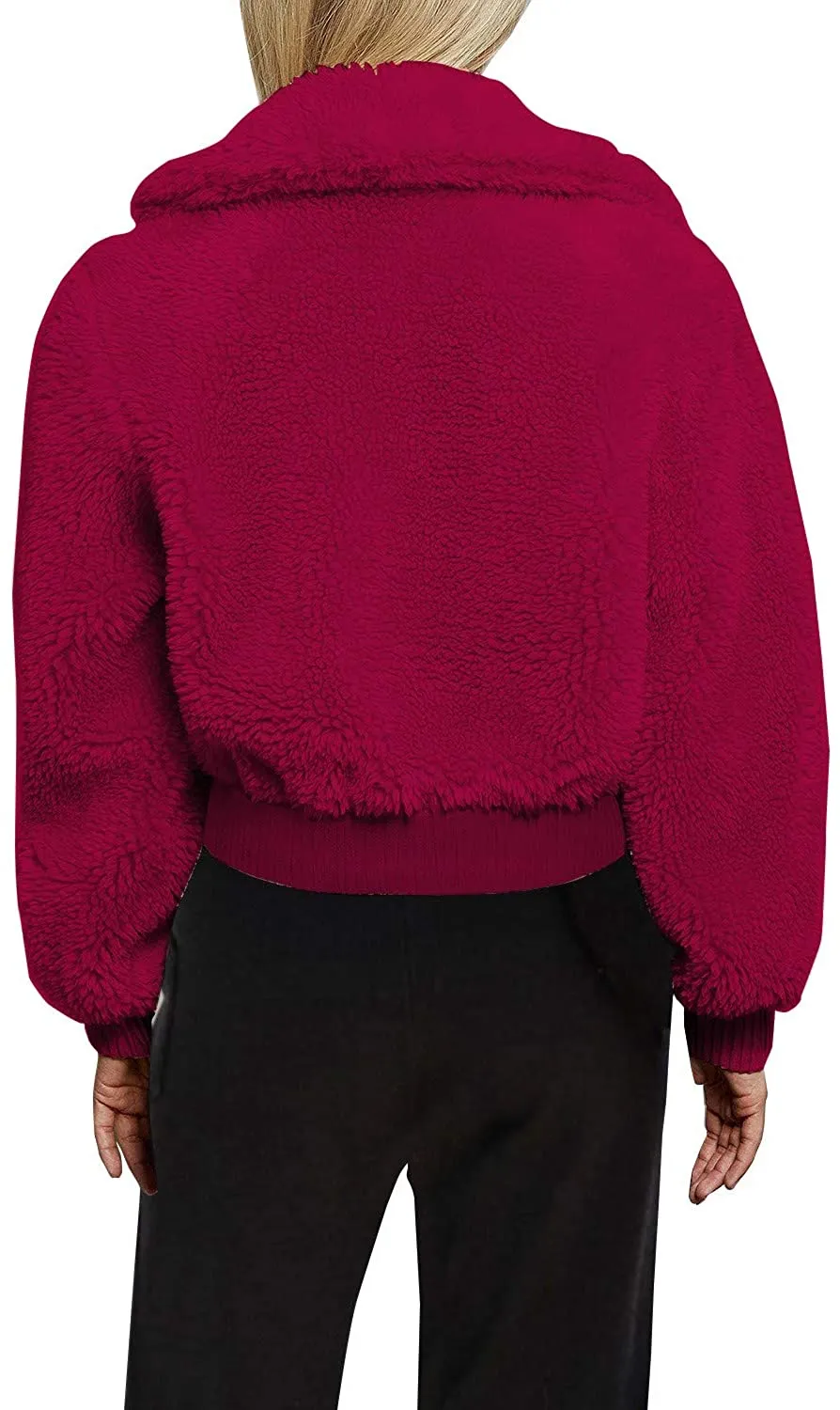 Cropped Furry Wine Red Zip Up with Pockets Warm Winter Jacket