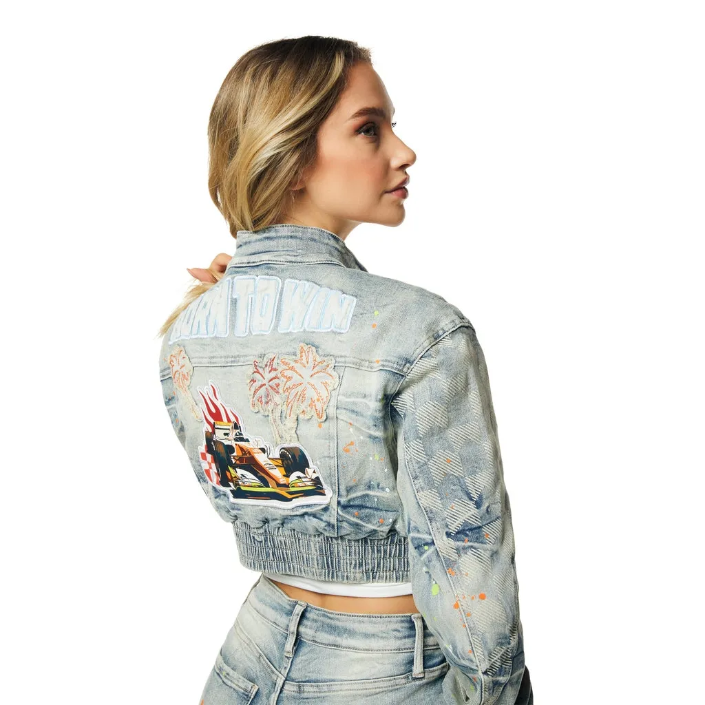 Cropped Racing Jean Jacket - Alpine Blue