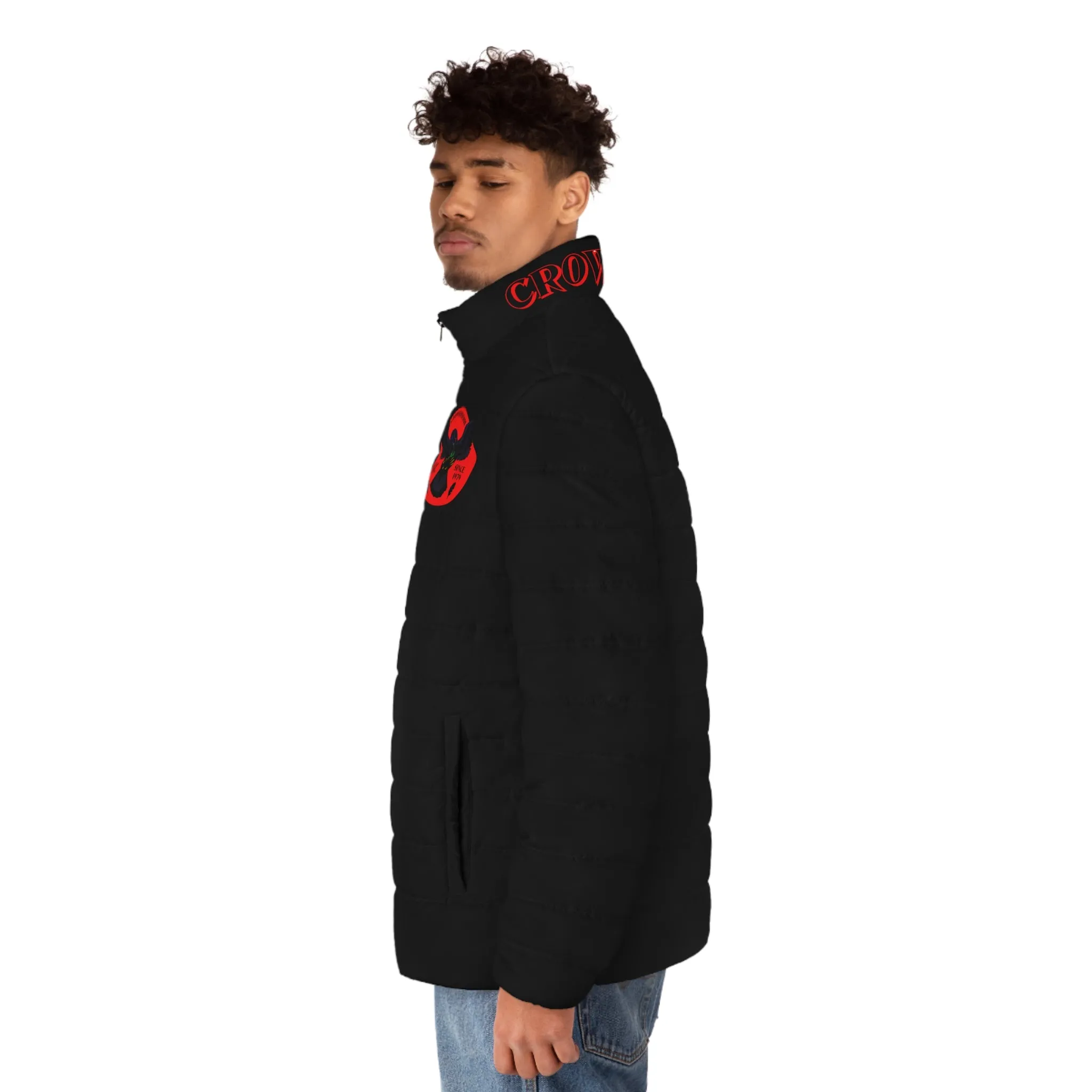 CROWGODSHI 2nd GEN Puffer Jacket, BLACK W/ RED LOGO