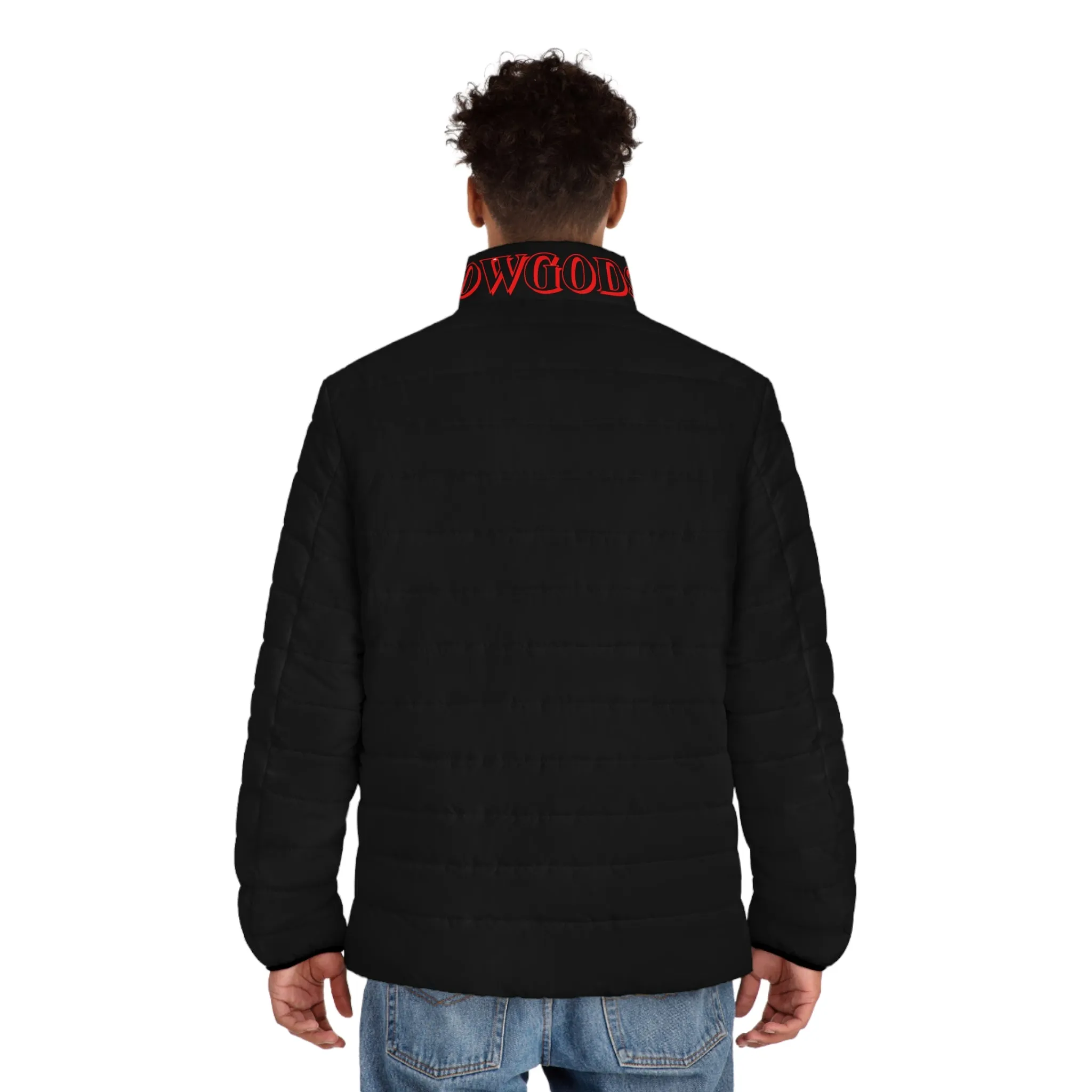 CROWGODSHI 2nd GEN Puffer Jacket, BLACK W/ RED LOGO