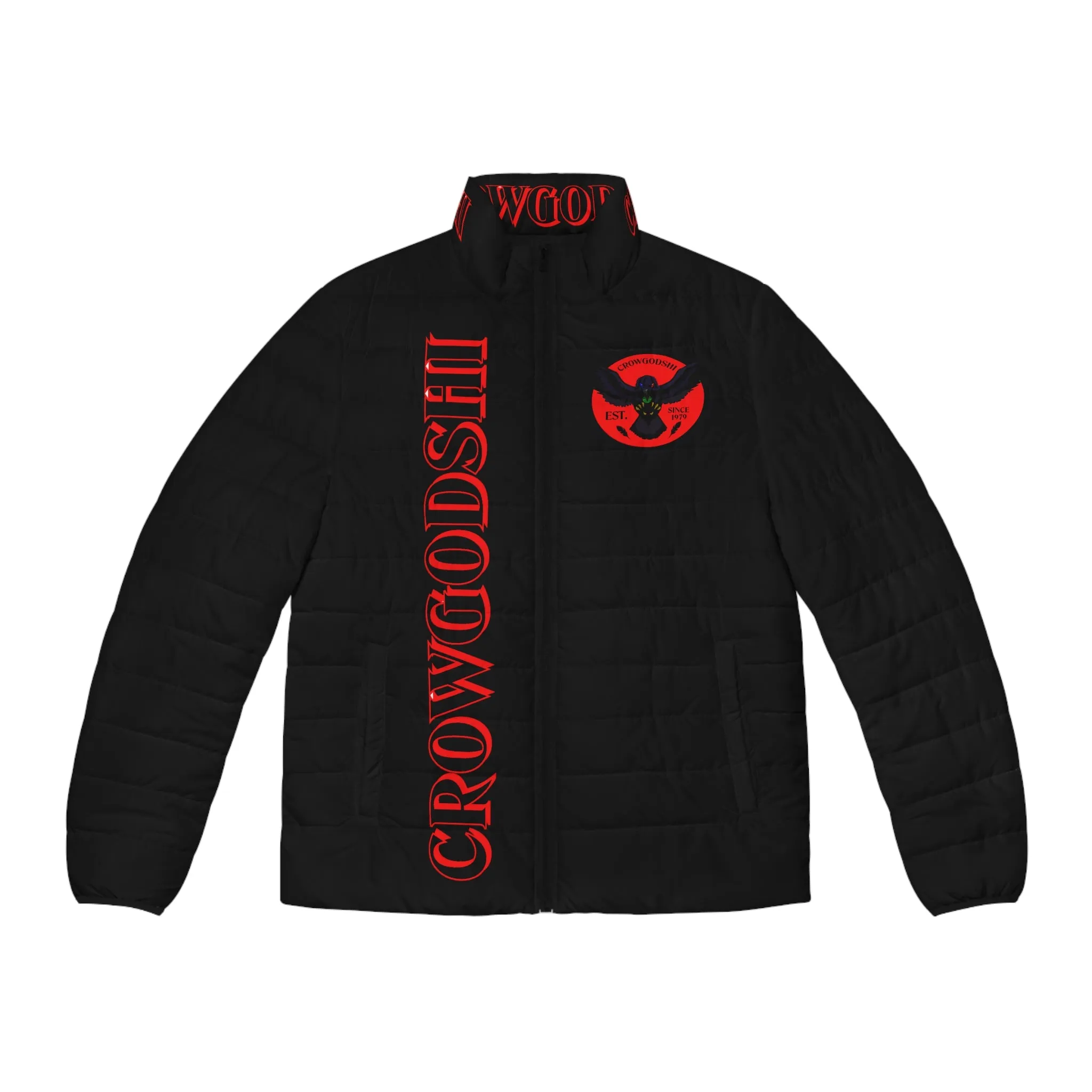 CROWGODSHI 2nd GEN Puffer Jacket, BLACK W/ RED LOGO