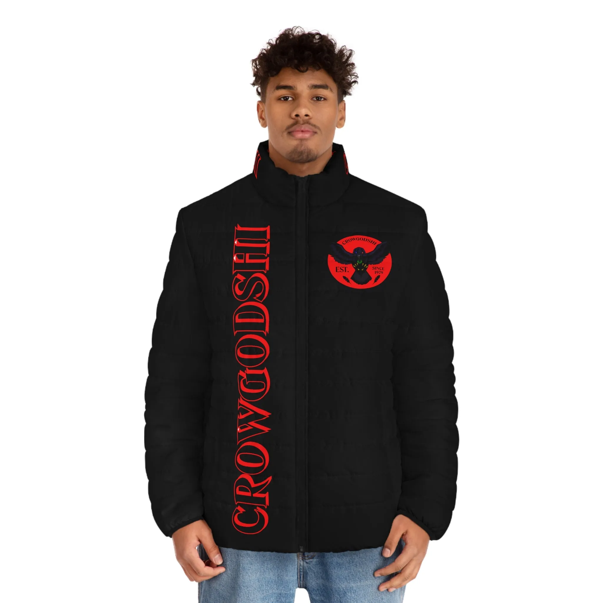 CROWGODSHI 2nd GEN Puffer Jacket, BLACK W/ RED LOGO