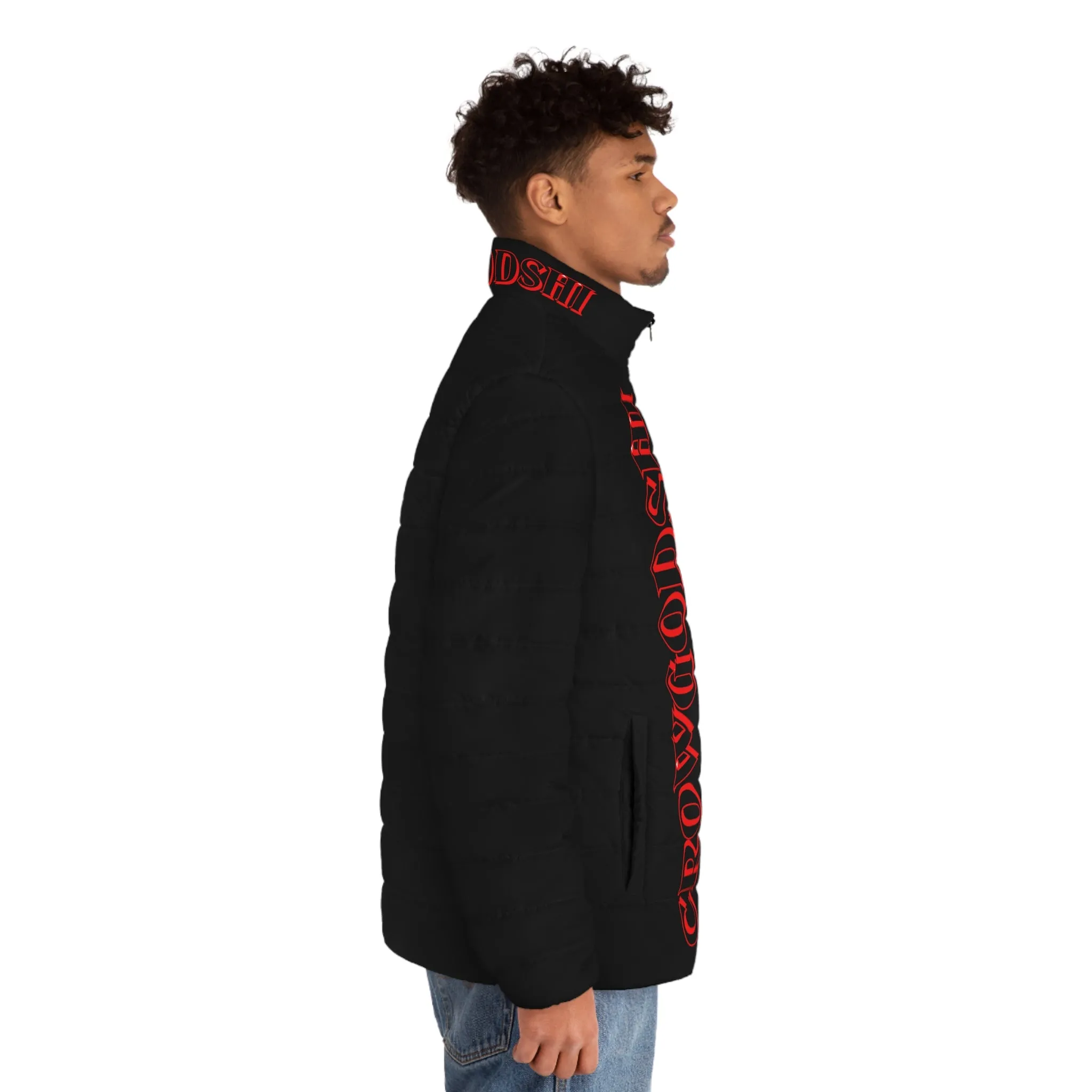 CROWGODSHI 2nd GEN Puffer Jacket, BLACK W/ RED LOGO