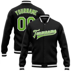 Custom Black Neon Green-White Bomber Full-Snap Varsity Letterman Jacket