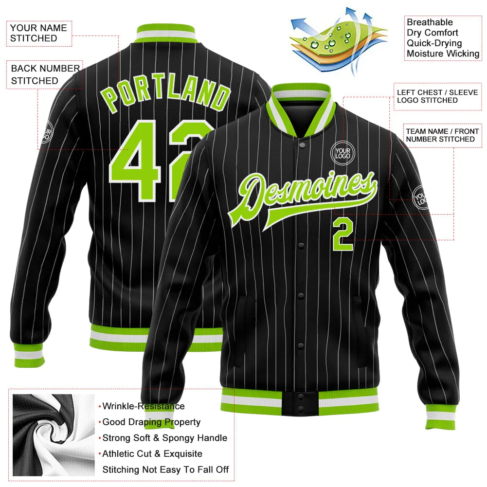 Custom Black White Pinstripe Neon Green Bomber Full-Snap Varsity Letterman Jacket