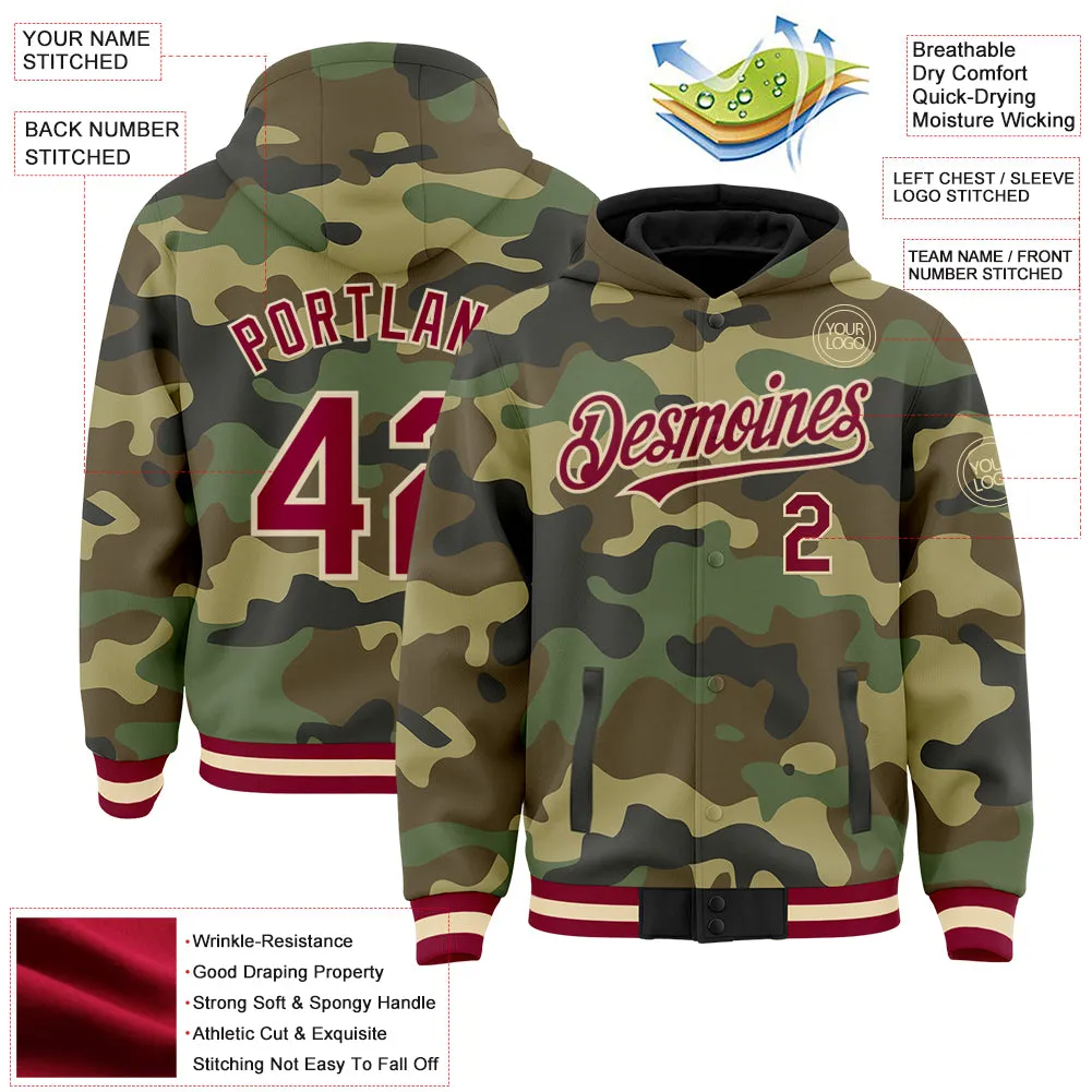 Custom Camo Maroon-Cream Bomber Full-Snap Varsity Letterman Salute To Service Hoodie Jacket