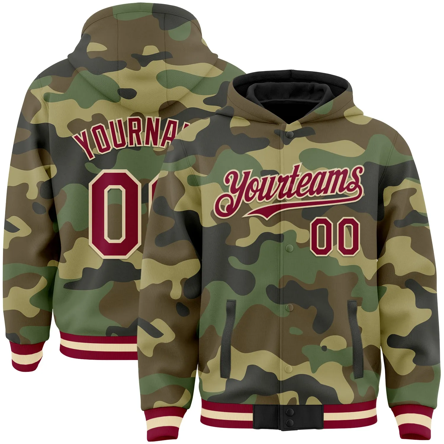 Custom Camo Maroon-Cream Bomber Full-Snap Varsity Letterman Salute To Service Hoodie Jacket