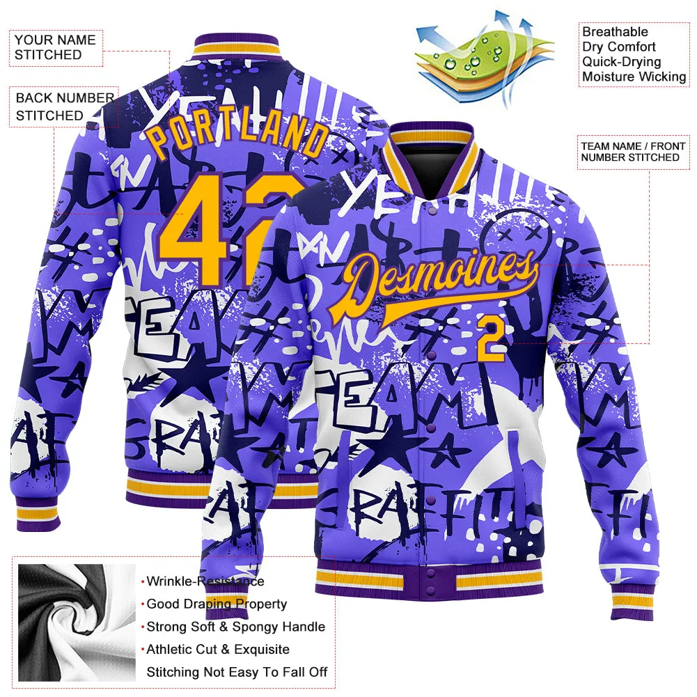 Custom Graffiti Pattern Gold-Purple Grunge Street Art 3D Bomber Full-Snap Varsity Letterman Jacket