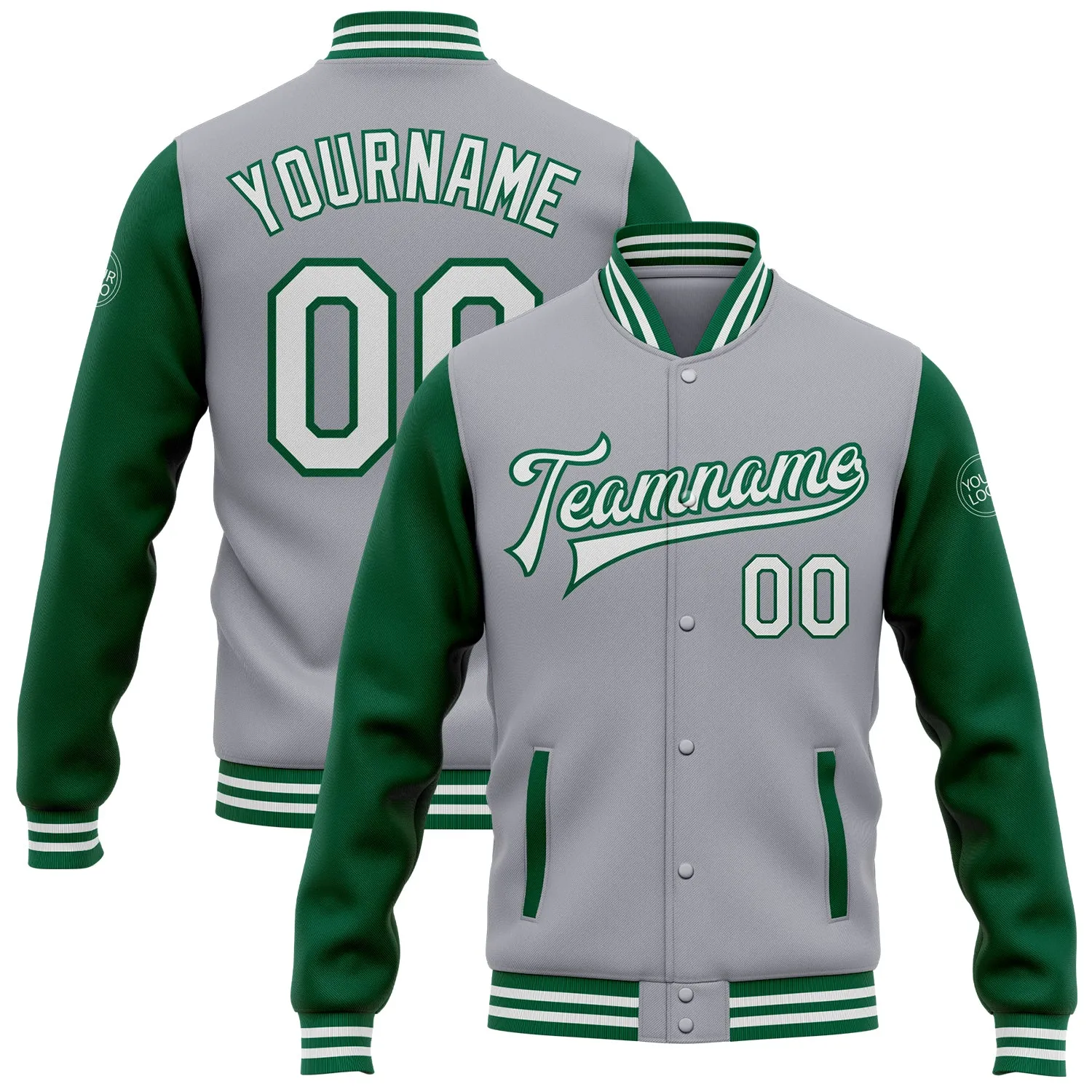 Custom Gray White-Kelly Green Bomber Full-Snap Varsity Letterman Two Tone Jacket