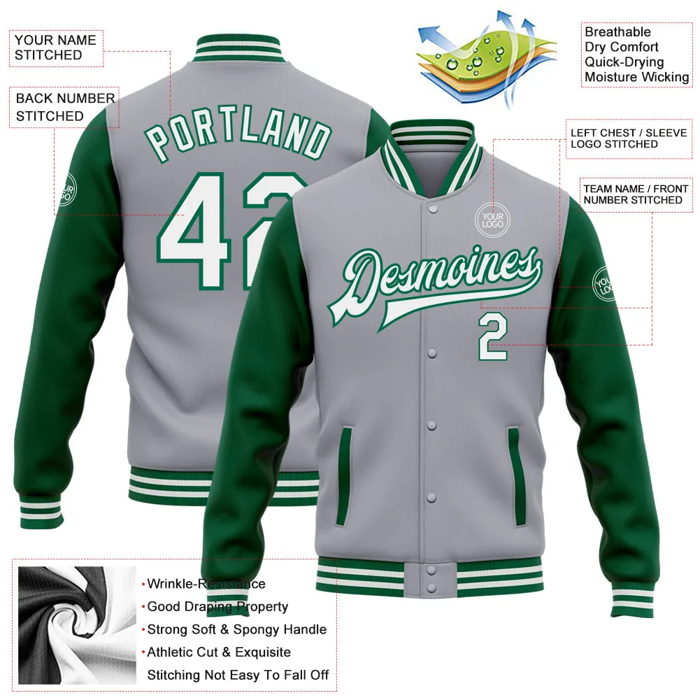 Custom Gray White-Kelly Green Bomber Full-Snap Varsity Letterman Two Tone Jacket