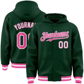 Custom Green Pink-White Bomber Full-Snap Varsity Letterman Hoodie Jacket