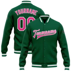 Custom Kelly Green Pink-White Bomber Full-Snap Varsity Letterman Jacket