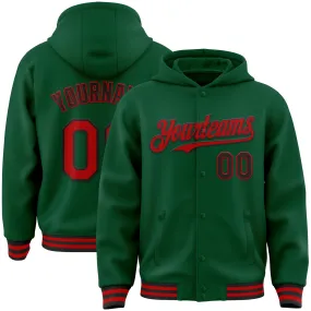 Custom Kelly Green Red-Black Bomber Full-Snap Varsity Letterman Hoodie Jacket