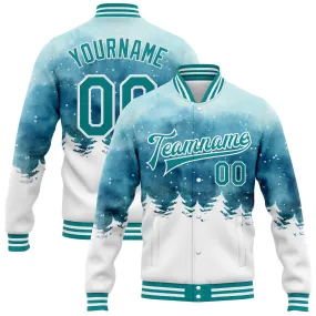 Custom Light Blue Teal-White Watercolor Winter Landscape With Snowy Trees 3D Pattern Design Bomber Full-Snap Varsity Letterman Jacket