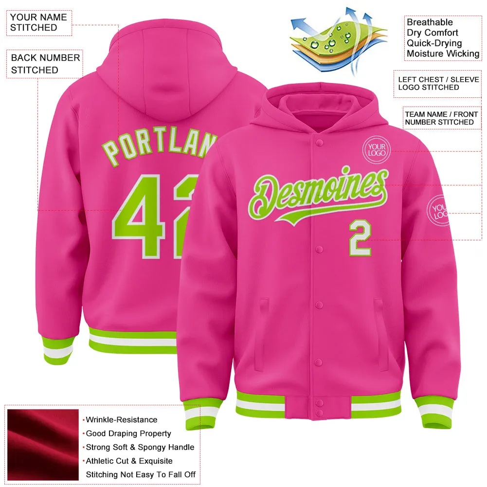 Custom Pink Neon Green-White Bomber Full-Snap Varsity Letterman Hoodie Jacket