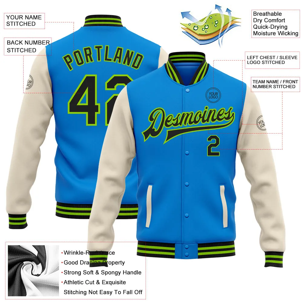 Custom Powder Blue Black Cream-Neon Green Bomber Full-Snap Varsity Letterman Two Tone Jacket