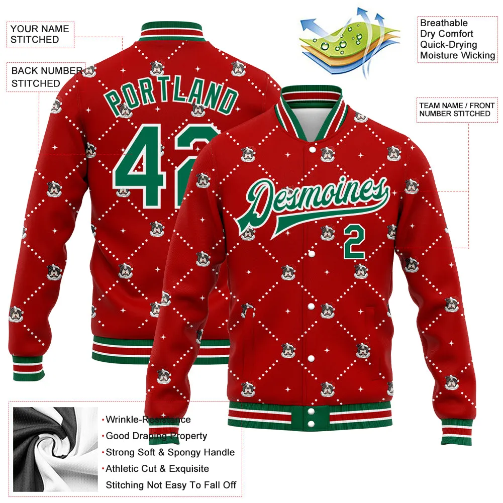 Custom Red Kelly Green-White Christmas Dog Wearing Santa Claus Costume 3D Bomber Full-Snap Varsity Letterman Jacket