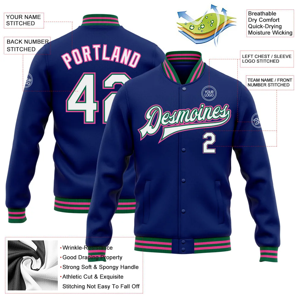 Custom Royal White Kelly Green-Pink Bomber Full-Snap Varsity Letterman Jacket