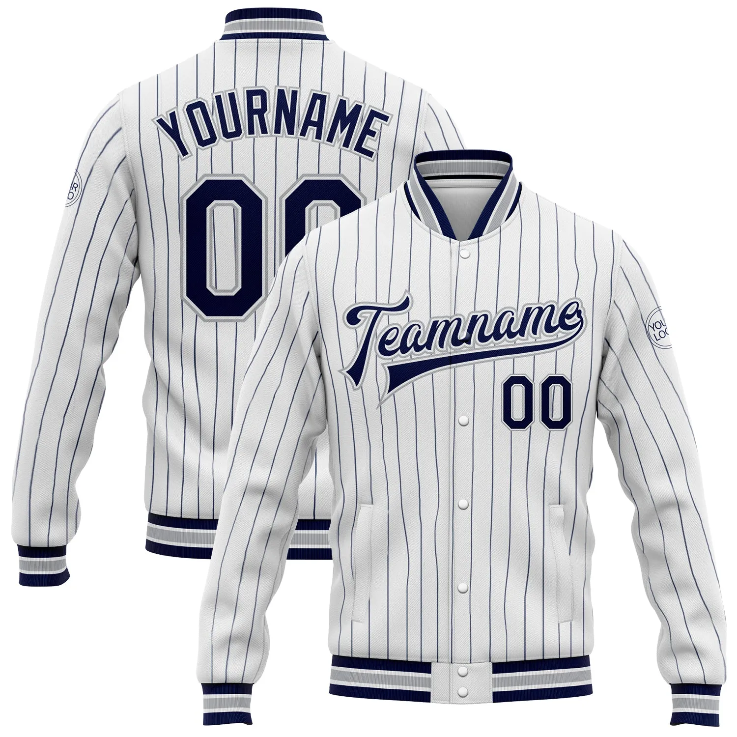 Custom White Navy Pinstripe Gray Bomber Full-Snap Varsity Letterman Jacket