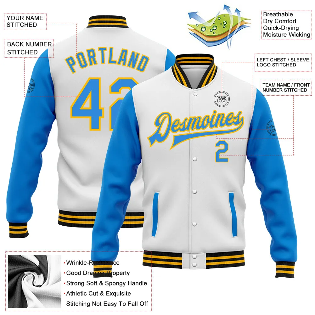 Custom White Powder Blue Gold-Black Bomber Full-Snap Varsity Letterman Two Tone Jacket