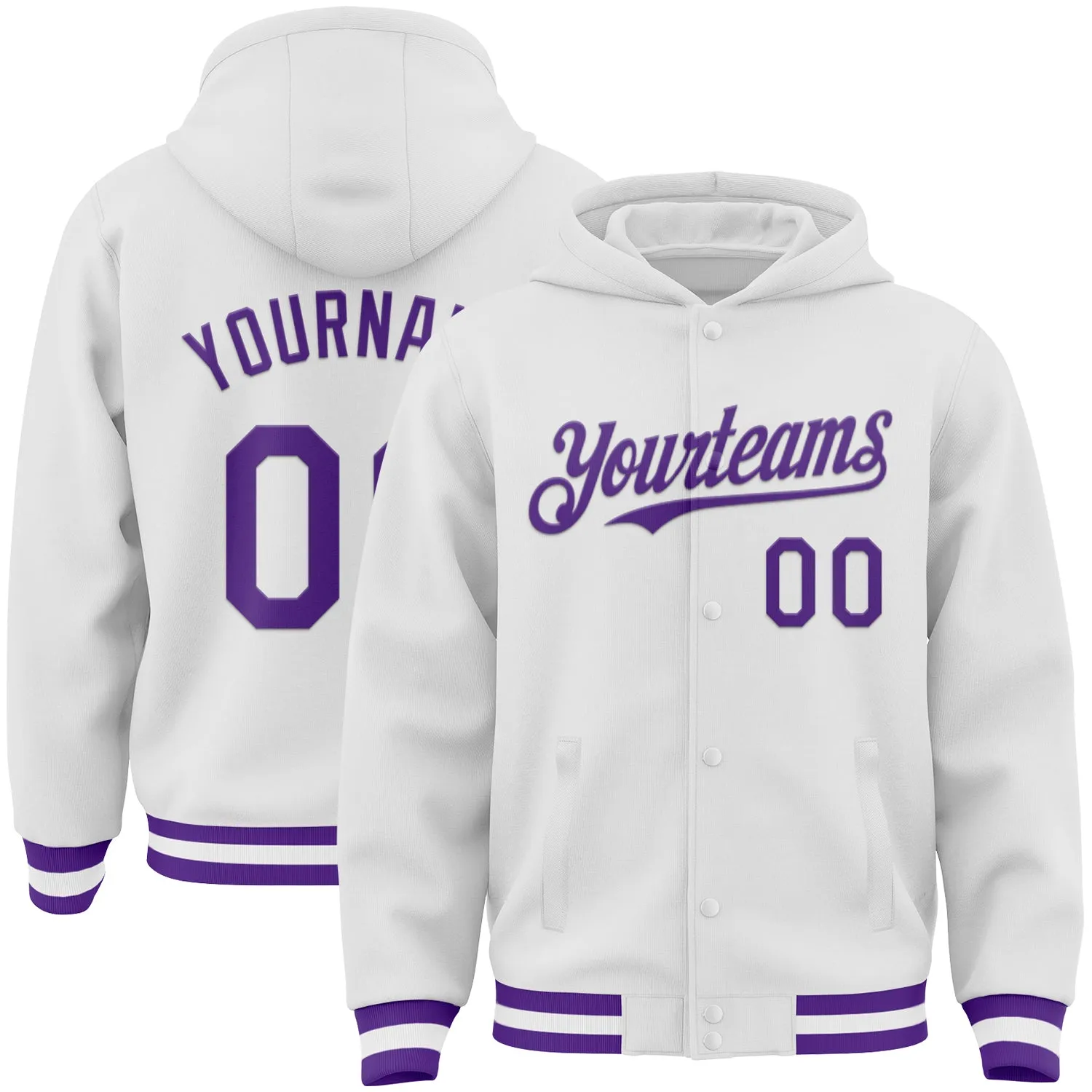 Custom White Purple Bomber Full-Snap Varsity Letterman Hoodie Jacket