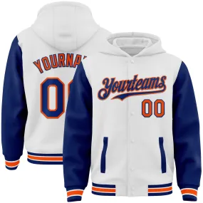 Custom White Royal-Orange Bomber Full-Snap Varsity Letterman Two Tone Hoodie Jacket