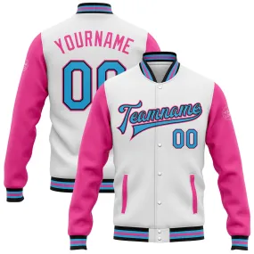 Custom White Sky Blue Black-Pink Bomber Full-Snap Varsity Letterman Two Tone Jacket