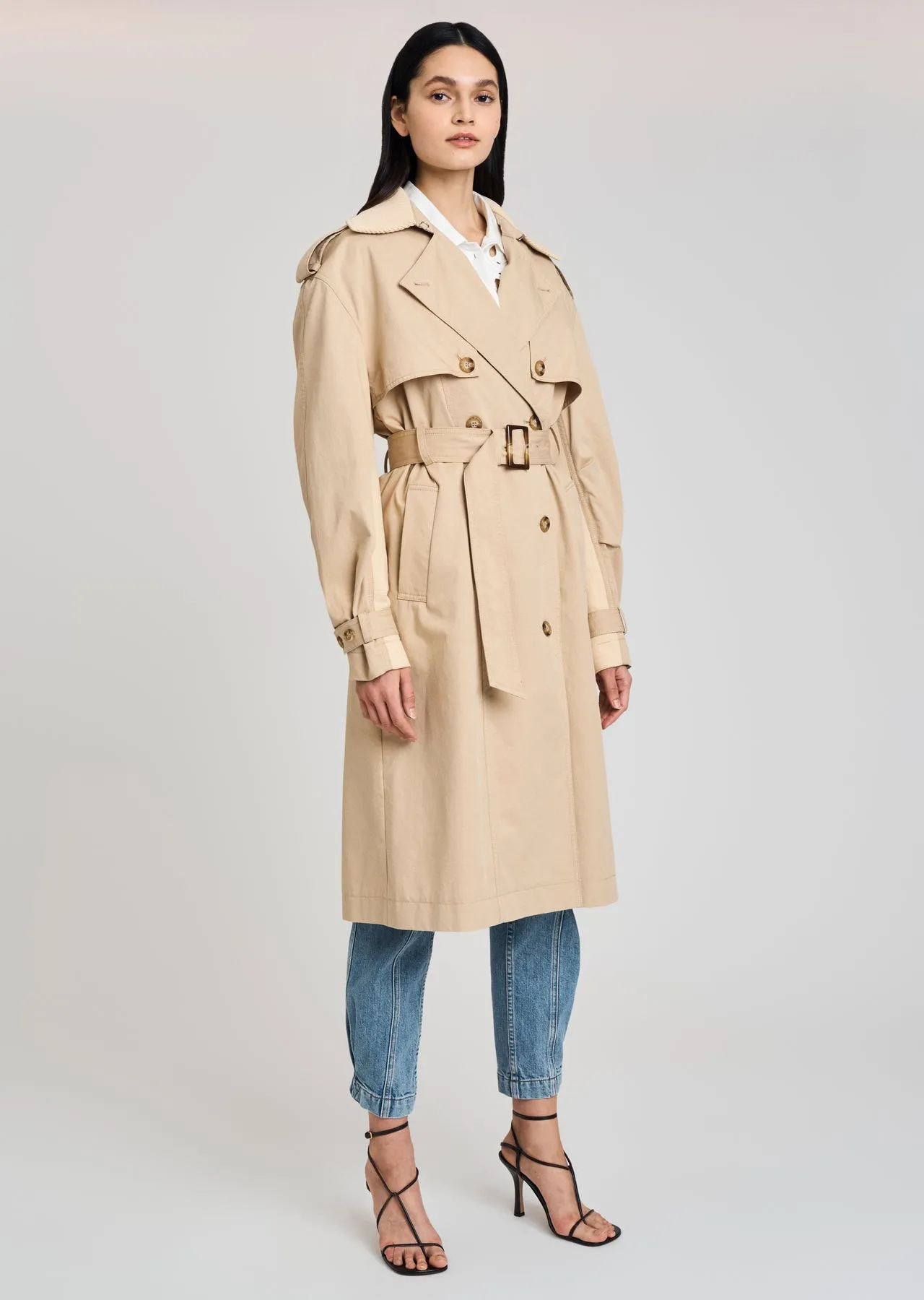 Derek Lam 10 Crosby - Remington Rib Mixed Trench Coat in Khaki