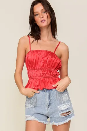 Devyn Satin Smocked Ruffle Trim Tank Top