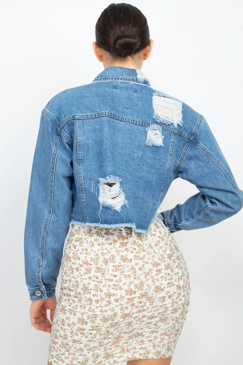 Distress Frayed Hem Denim Jacket