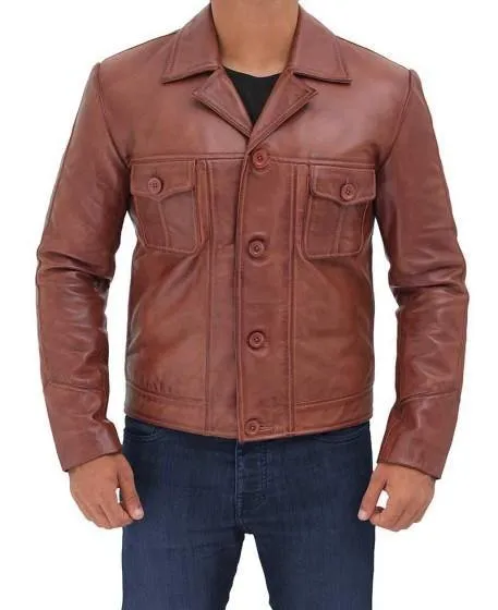 Distressed Lambskin Brown Leather Jacket with Flap Pockets