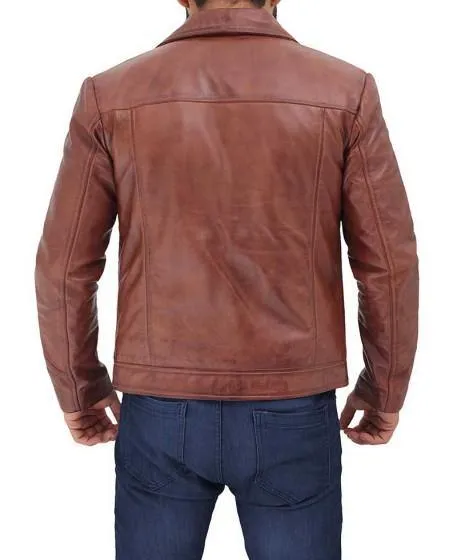 Distressed Lambskin Brown Leather Jacket with Flap Pockets