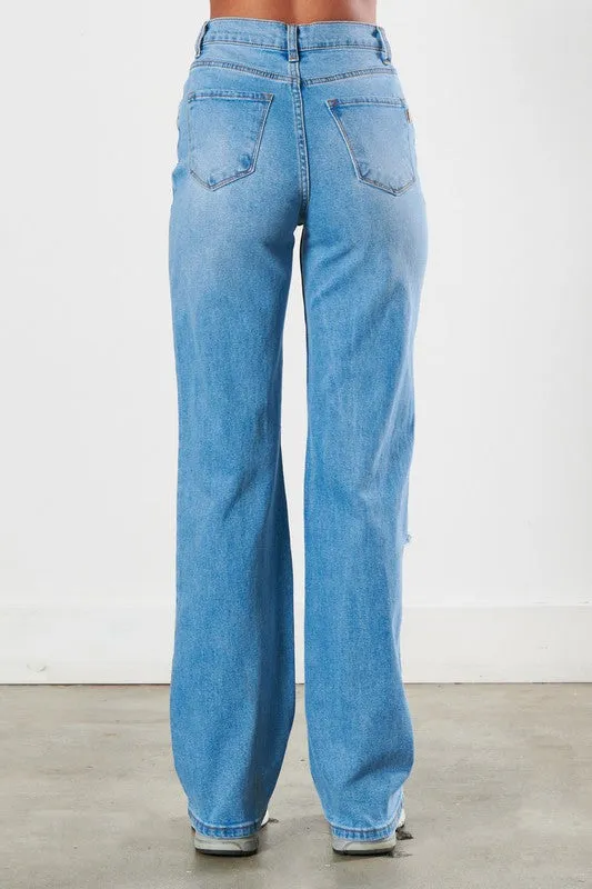 Distressed Medium Stone Wide Leg Jeans