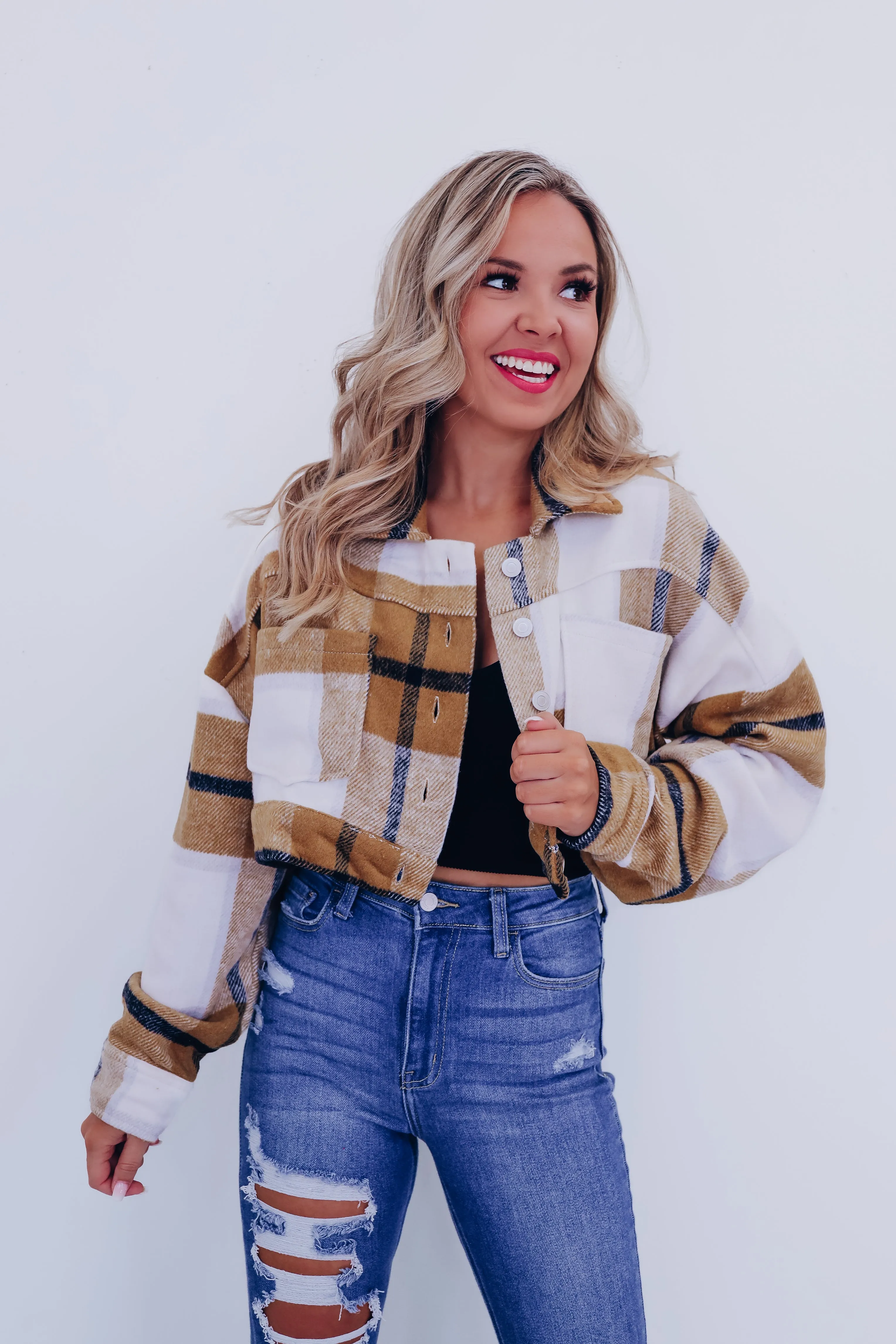 Dixon Cropped Plaid Jacket - Golden Brown