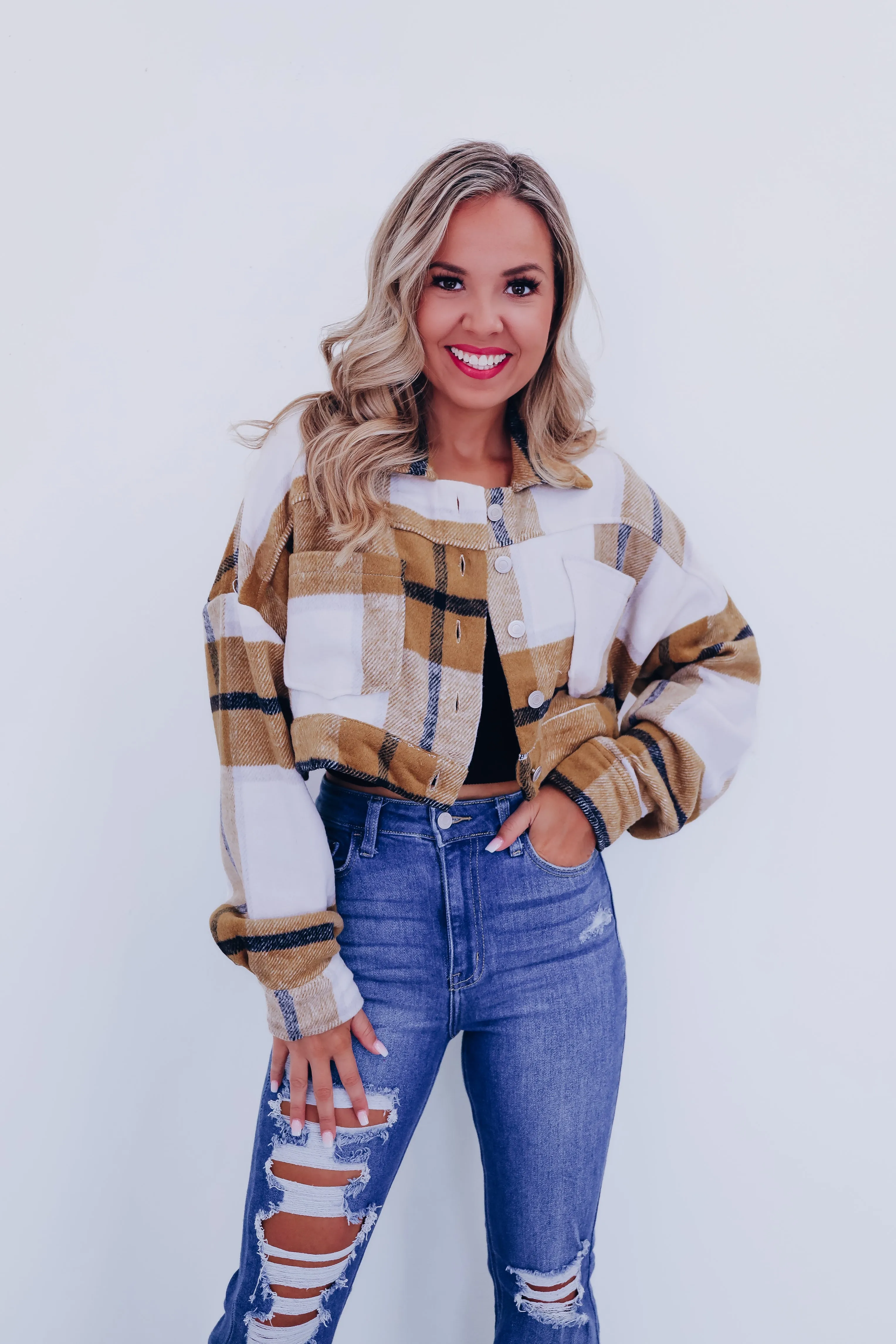 Dixon Cropped Plaid Jacket - Golden Brown