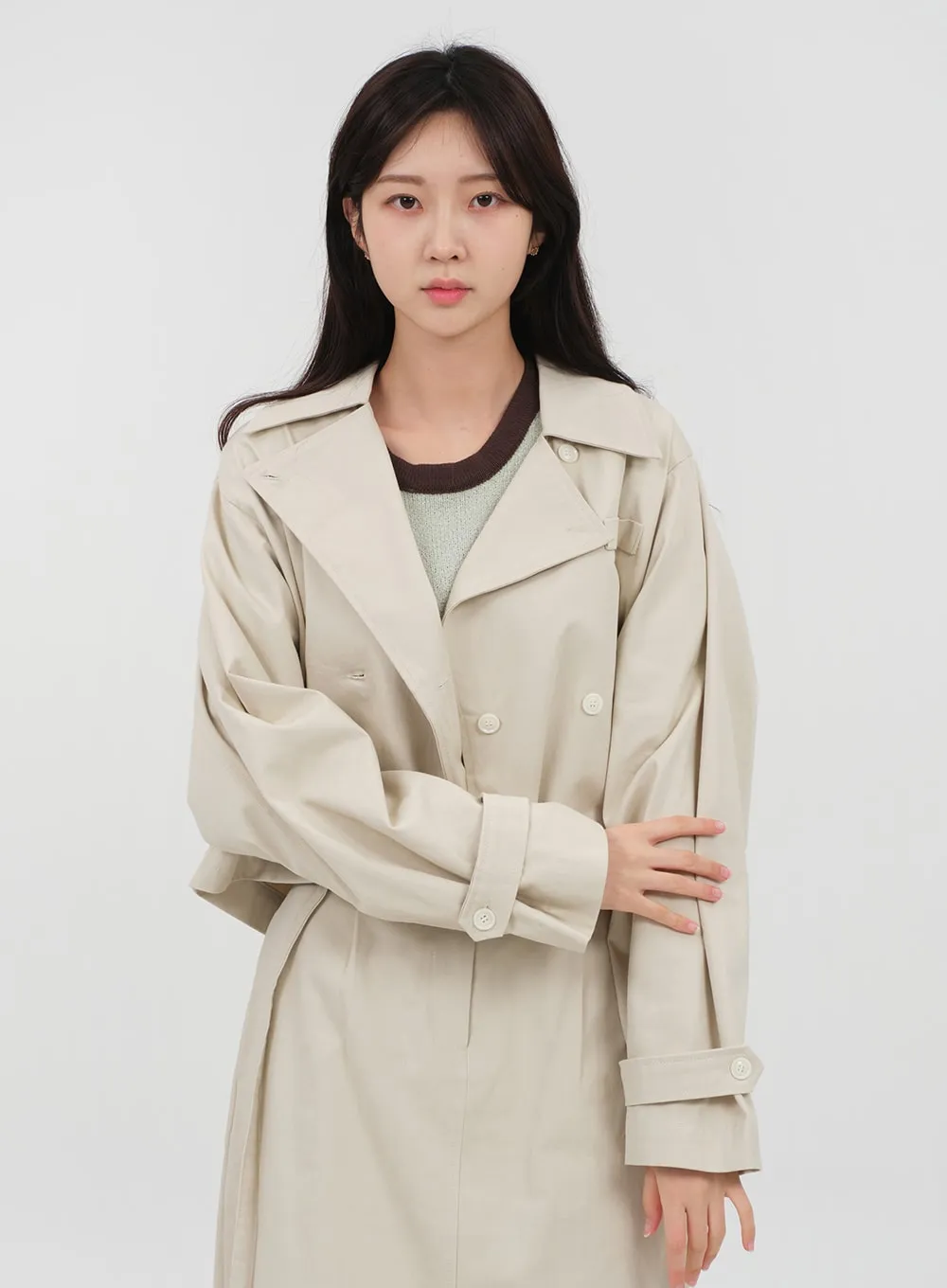 Double Button Cropped Trench Coat OA06